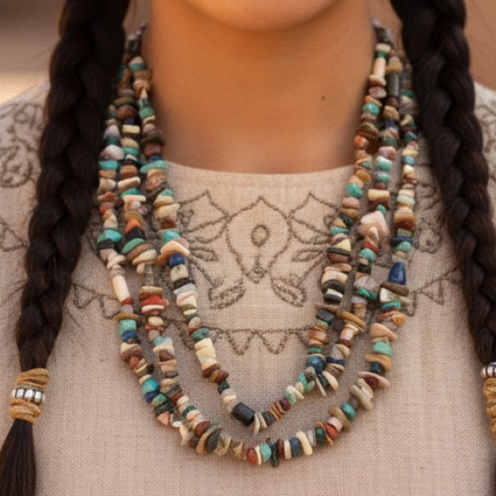 Vintage Native American Santo Domingo Multi Stone 3 Strand Necklace